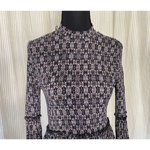 Womens Boho Mini Dress Small Black Purple Floral High Neck Long Sleeve Rayon - Picture 4 of 8